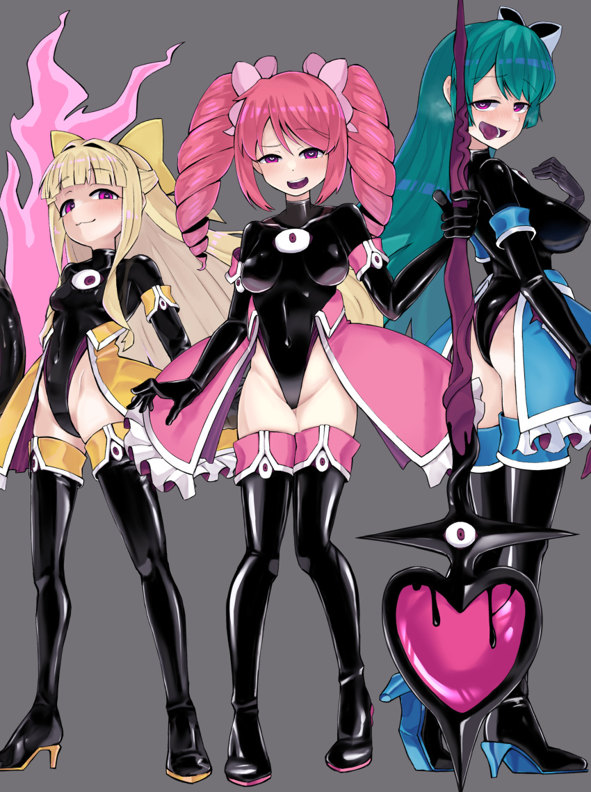3girls :3 absurdres ass blonde_hair boots bow breasts corruption covered_navel covered_nipples dark_persona drill_hair grey_background hair_bow hanabishi_haruka heart heart-shaped_pupils highres holding holding_polearm holding_weapon kitasshi large_breasts light_blush long_hair magia_azure magia_magenta magia_sulfur mahou_shoujo_ni_akogarete minakami_sayo multiple_girls open_mouth pink_hair polearm purple_eyes simple_background skirt small_breasts smile spandex spear symbol-shaped_pupils teeth tenkawa_kaoruko tongue tongue_out twintails upper_teeth_only weapon