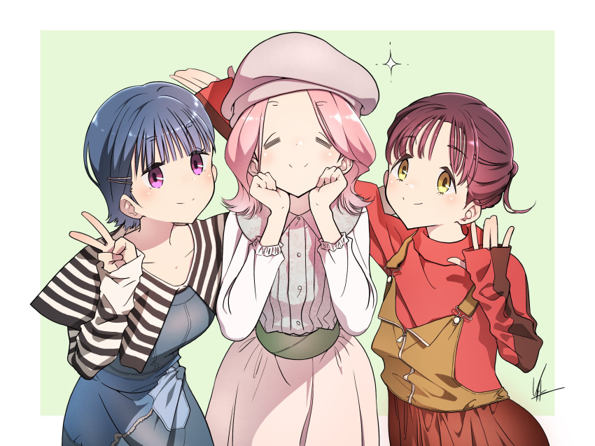 3girls blue_hair breasts brown_hair closed_eyes dress hanamori_yumiri hat highres kagamihara_nadeshiko kurosawa_tomoyo light_smile long_sleeves looking_at_viewer multiple_girls pink_hair purple_eyes real_life shima_rin shirt short_hair skirt smile toki_ayano touyama_nao v yasu_(pixiv) yurucamp