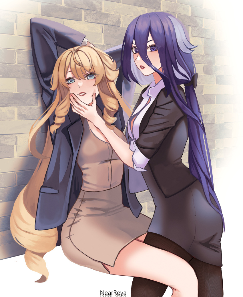 2girls absurdres arms_behind_head artist_name black_skirt blazer blonde_hair blue_eyes blue_hair by_nearreya clorinde_(genshin_impact) collared_shirt dress_shirt drill_hair drill_sidelocks formal genshin_impact highres jacket lipstick long_hair long_sleeves makeup multiple_girls navia_(genshin_impact) office_lady pantyhose pencil_skirt ponytail purple_eyes shirt sidelocks skirt skirt_suit suit suit_jacket white_shirt yuri