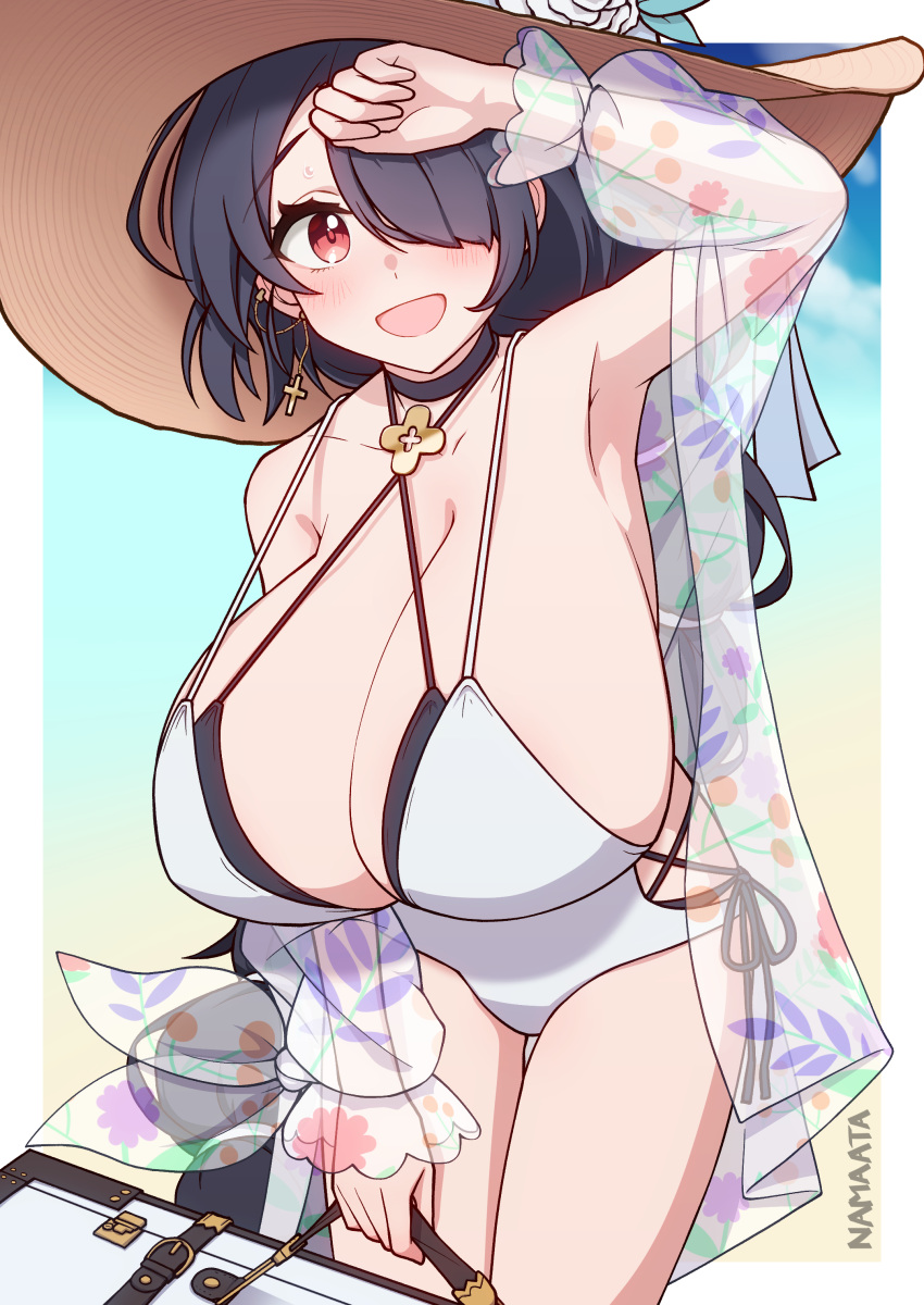 1girl absurdres black_choker black_hair blue_archive blush breasts briefcase brown_headwear choker cleavage commission cross cross_earrings day earrings floral_print flower hair_over_one_eye hat hat_flower highres hinata_(blue_archive) hinata_(swimsuit)_(blue_archive) holding huge_breasts jewelry long_hair long_sleeves looking_at_viewer namaata one-piece_swimsuit open_mouth outdoors red_eyes signature single_earring skeb_commission solo sun_hat sweat swimsuit white_flower white_one-piece_swimsuit