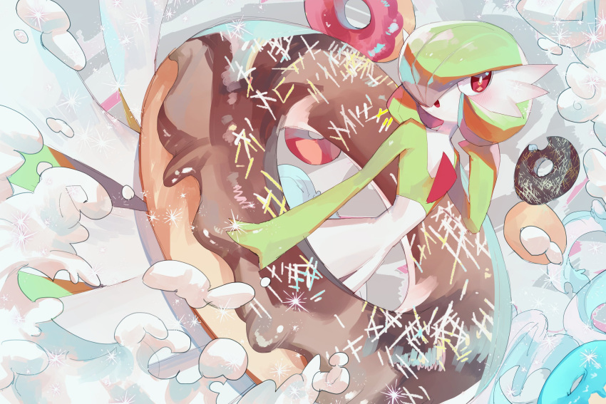 1other blush chikichi chocolate_icing colored_skin doughnut dress food gardevoir gardevoir_day green_hair green_skin highres icing medium_hair oversized_food oversized_object pokemon pokemon_(creature) red_eyes solo white_dress white_skin