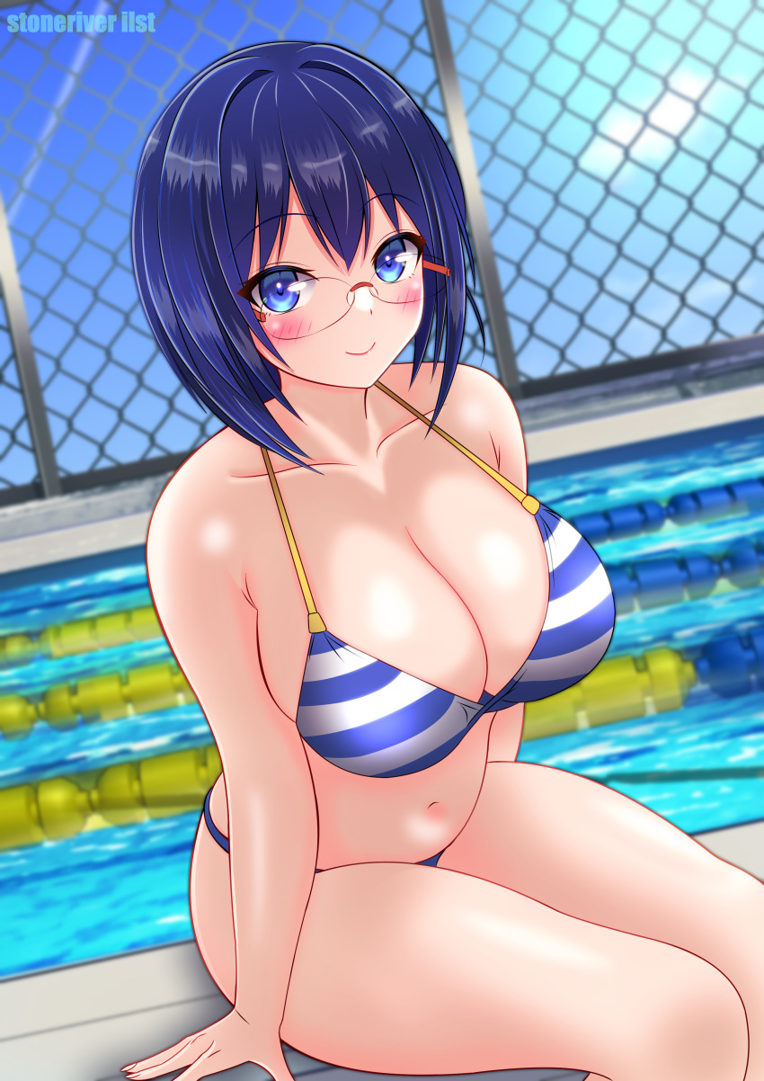 1girl absurdres artist_name bikini blue_bikini blue_eyes blue_hair breasts chain-link_fence cleavage dolphin_wave dutch_angle fence glasses highres lane_line large_breasts pool poolside short_hair sitting smile solo stoneriver_ilst striped_bikini striped_clothes swimsuit tojou_michiru