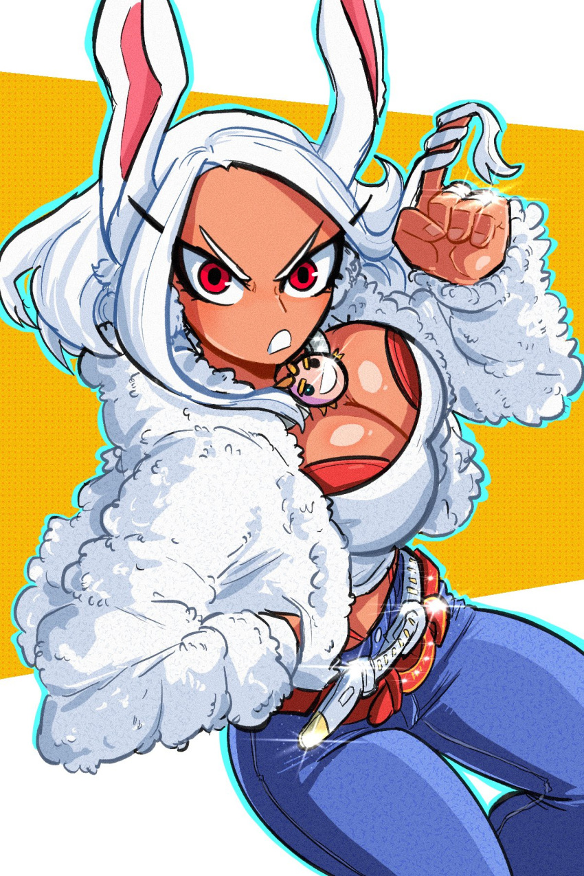 1girl all_might animal_ears belt blue_pants boku_no_hero_academia border bra breasts cleavage coat crop_top dark-skinned_female dark_skin denim frown fur_coat halftone halftone_background hand_in_own_hair hand_in_pocket highleg highleg_panties highres jeans jewelry long_sleeves looking_at_viewer midriff mirko multiple_belts necklace panties pants rabbit_ears red_bra red_eyes red_panties shirt solo sonchapo sparkle underwear v-shaped_eyebrows white_border white_coat white_hair white_shirt