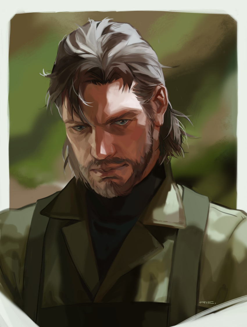 1boy artist_name beard brown_hair expressionless facial_hair grey_eyes highres looking_at_viewer male_focus metal_gear_(series) metal_gear_solid_3 mustache naked_snake portrait realistic riense short_hair simple_background solo turtleneck