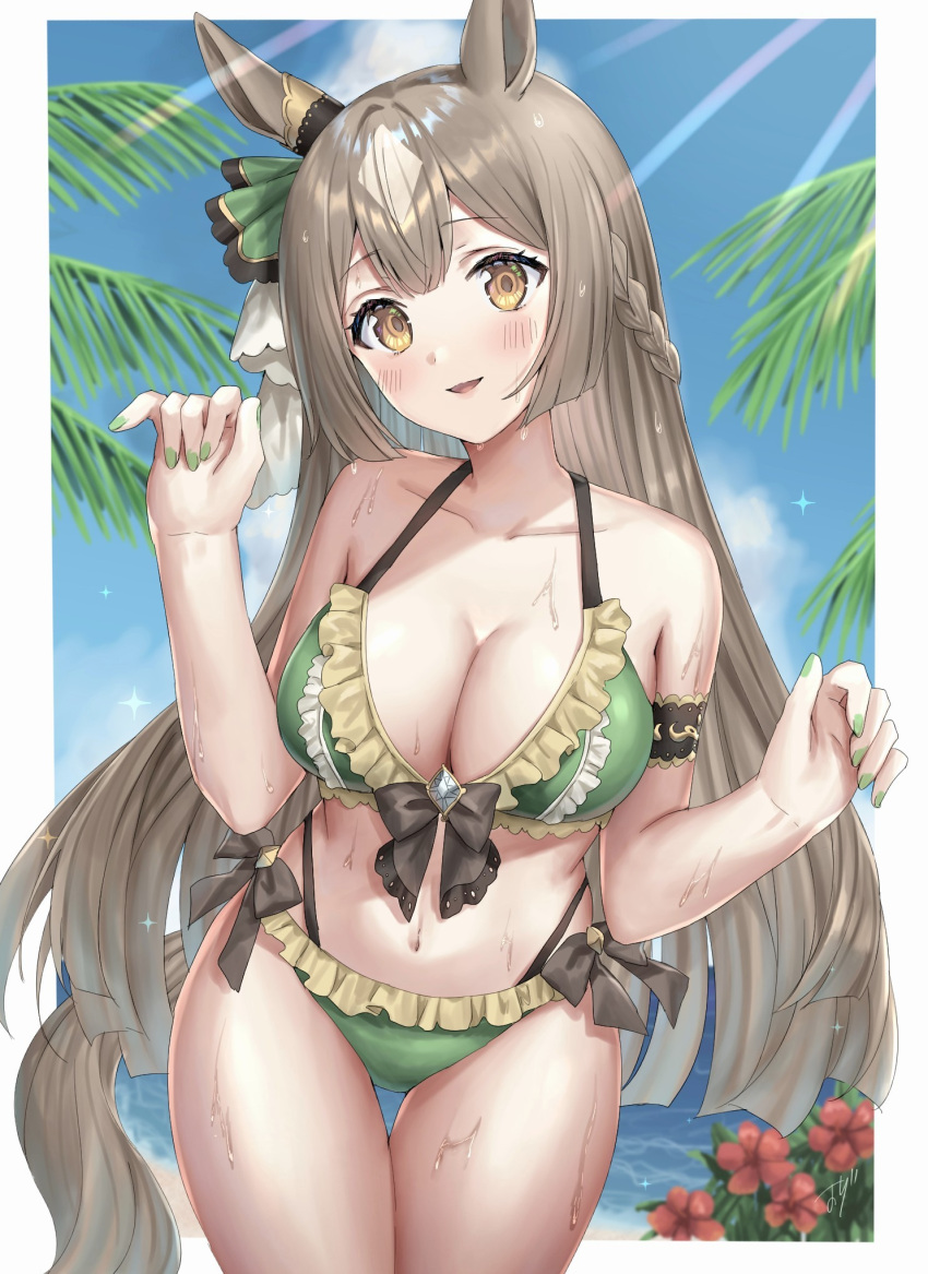 1girl animal_ears bare_arms bare_legs bare_shoulders beach bikini blurry blurry_background blush border breasts brown_eyes brown_hair collarbone commentary_request cowboy_shot day flower green_bikini green_nails hibiscus highres horse_ears horse_girl horse_tail large_breasts long_hair looking_at_viewer nail_polish navel ocean open_mouth oshage_(osyage921) outdoors satono_diamond_(umamusume) sky smile solo swimsuit tail twitter_username umamusume white_border