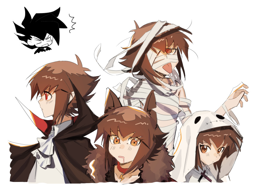 2boys animal_collar animal_ears ascot bandage_over_one_eye bandages black_cape black_hair brown_eyes brown_hair cape coat collar fur-trimmed_coat fur_trim ghost_costume highres kd_(jichaman1) manjoume_jun multiple_boys multiple_views mummy_costume notched_ear red_eyes ringed_eyes saliva short_hair tongue tongue_out vampire_costume werewolf_costume white_ascot white_background wolf_ears yu-gi-oh! yu-gi-oh!_gx yuuki_juudai