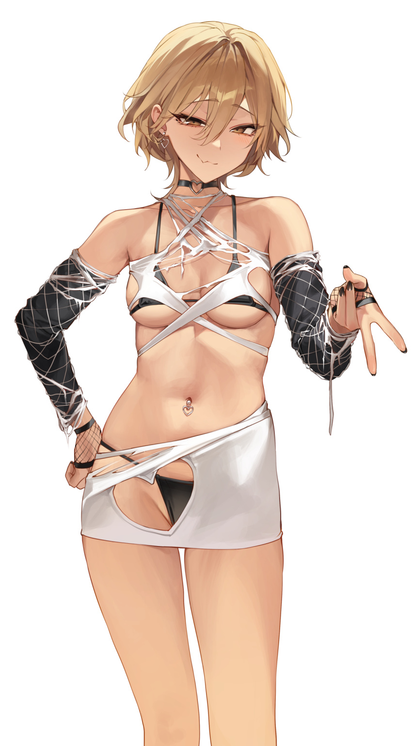 1girl black_bra black_panties blonde_hair bra breasts brown_eyes choker clothing_cutout crotch_cutout detached_sleeves earrings fishnet_gloves fishnet_sleeves fishnets gloves hand_on_own_hip heart heart_cutout heart_earrings highres jewelry medium_breasts original panties pencil_skirt sabotensuteeki short_hair simple_background skirt solo torn_clothes underwear white_background white_skirt