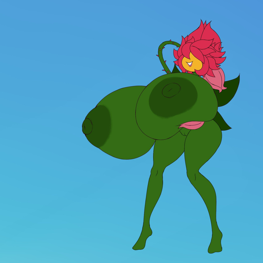 1:1 areola big_breasts breasts elemental_creature elemental_humanoid elfdrago female flora_fauna genitals green_body hi_res holding_breast huge_breasts humanoid hyper hyper_breasts nipples not_furry plant plant_humanoid pussy simple_background smile solo standing thick_thighs