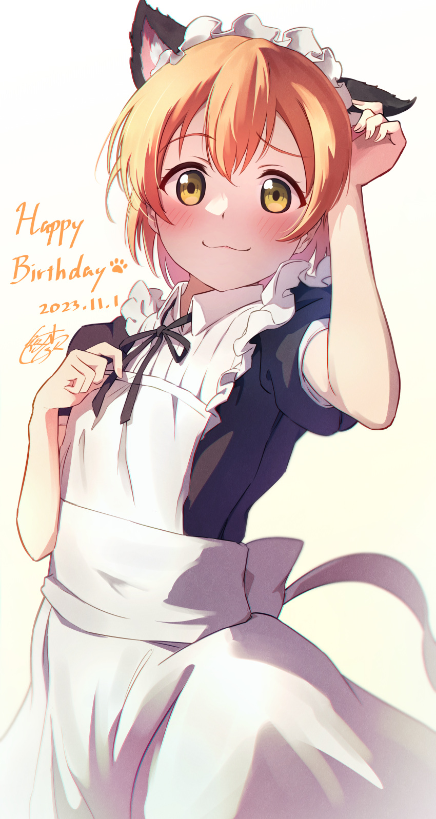 1girl :3 absurdres alternate_costume animal_ears apron black_ribbon black_shirt blush cat_ears closed_mouth commentary_request cowboy_shot dated double-parted_bangs enmaided flat_chest frilled_apron frills gradient_background hair_between_eyes hand_up happy_birthday highres hoshizora_rin looking_at_viewer love_live! love_live!_school_idol_project maid maid_apron maid_headdress neck_ribbon orange_hair puffy_short_sleeves puffy_sleeves ribbon shirt short_hair short_sleeves smile solo white_apron yatoroku yellow_background yellow_eyes