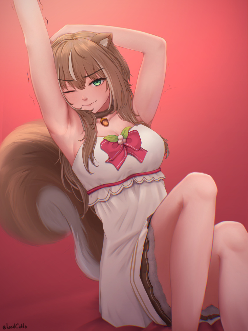 1girl absurdres animal_ears arm_behind_head arm_up armpits ayunda_risu ayunda_risu_(1st_costume) bow bowtie breasts brown_choker brown_hair choker cleavage closed_mouth collarbone dress fur_choker green_eyes highres hololive hololive_indonesia local_catto long_hair looking_at_viewer medium_breasts one_eye_closed red_background red_bow red_bowtie sidelocks sitting solo squirrel_ears squirrel_girl squirrel_tail strapless strapless_dress tail trembling twitter_username upper_body virtual_youtuber white_dress