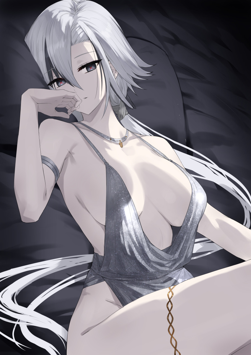 1girl absurdres akitaka_akita arlecchino_(genshin_impact) armlet bare_shoulders black_hair breasts cleavage collarbone dress genshin_impact grey_eyes hair_between_eyes highres jewelry large_breasts long_hair looking_at_viewer multicolored_hair necklace plunging_neckline silver_dress solo streaked_hair symbol-shaped_pupils thighs two-tone_hair white_hair x-shaped_pupils