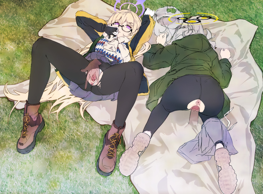 2girls all_fours anus ass black_pantyhose blonde_hair blue_archive boots disembodied_limb disembodied_penis fingering g141 glasses gloves grass grey_hair halo hare_(blue_archive) hare_(camp)_(blue_archive) hat highres hood hood_down jacket kotama_(blue_archive) kotama_(camp)_(blue_archive) long_hair lying multiple_girls on_back pantyhose penis pleated_skirt purple_eyes pussy scarf sex shoes skirt sneakers torn_clothes torn_pantyhose uncensored unworn_hat unworn_headwear vaginal very_long_hair