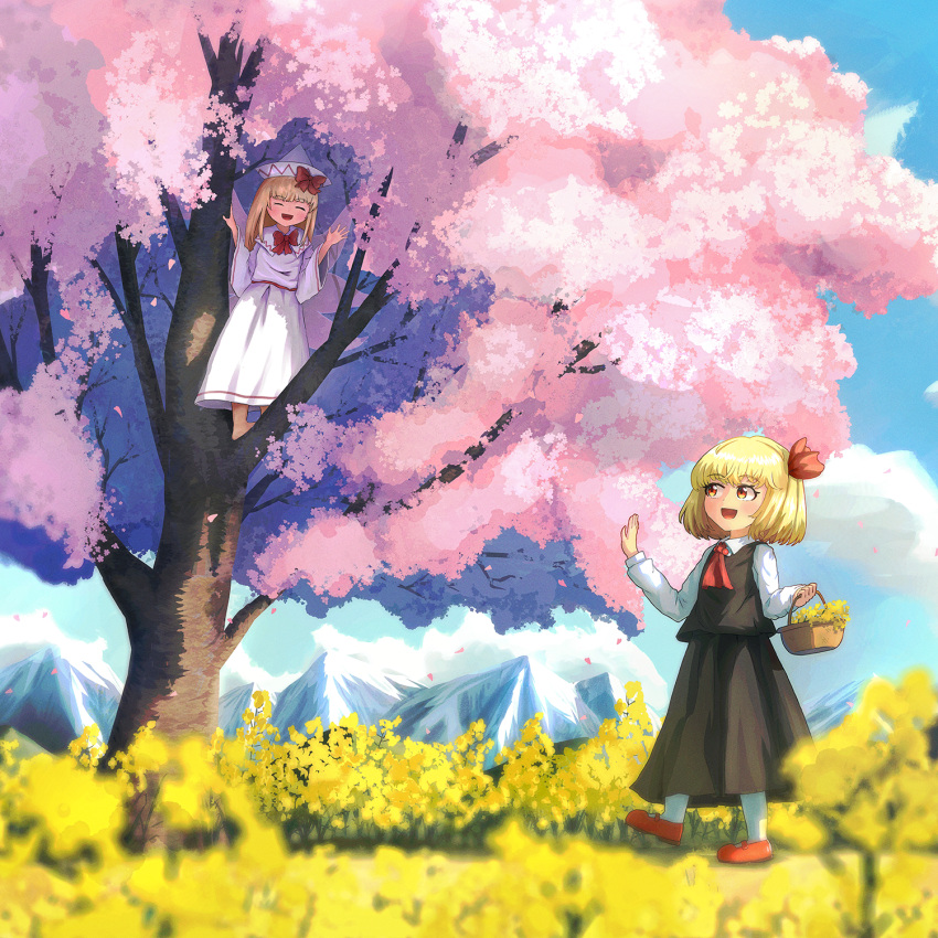 2girls :d ascot basket black_skirt black_vest blonde_hair blue_sky bow bowtie capelet cherry_blossoms closed_eyes collared_shirt dress fairy_wings flower hair_ribbon hat hat_bow highres holding holding_basket lily_white long_hair long_skirt long_sleeves looking_at_another mary_janes mountainous_horizon multiple_girls open_mouth red_ascot red_bow red_bowtie red_eyes red_footwear red_ribbon ribbon rumia shirt shoes short_hair skirt skirt_set sky smile socks standing_on_branch touhou tree vest waving white_capelet white_dress white_headwear white_shirt white_socks wide_sleeves wings yellow_flower yoirone