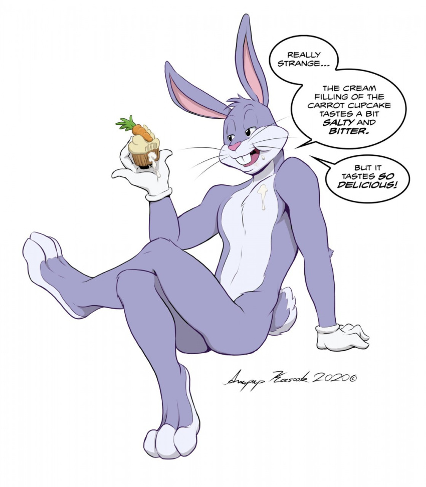 2020 3_toes anthro anupap buckteeth bugs_bunny clothing cream_filling crossed_legs cupcake eating eating_food feet food fur gesture gloves gloves_only grey_body grey_fur half-closed_eyes handwear handwear_only hi_res lagomorph leaning leaning_backward leporid looking_at_object looney_tunes male mammal mostly_nude muscular muscular_male narrowed_eyes open_mouth open_smile pink_nose pinky_out rabbit signature sitting smile solo teeth toes warner_brothers