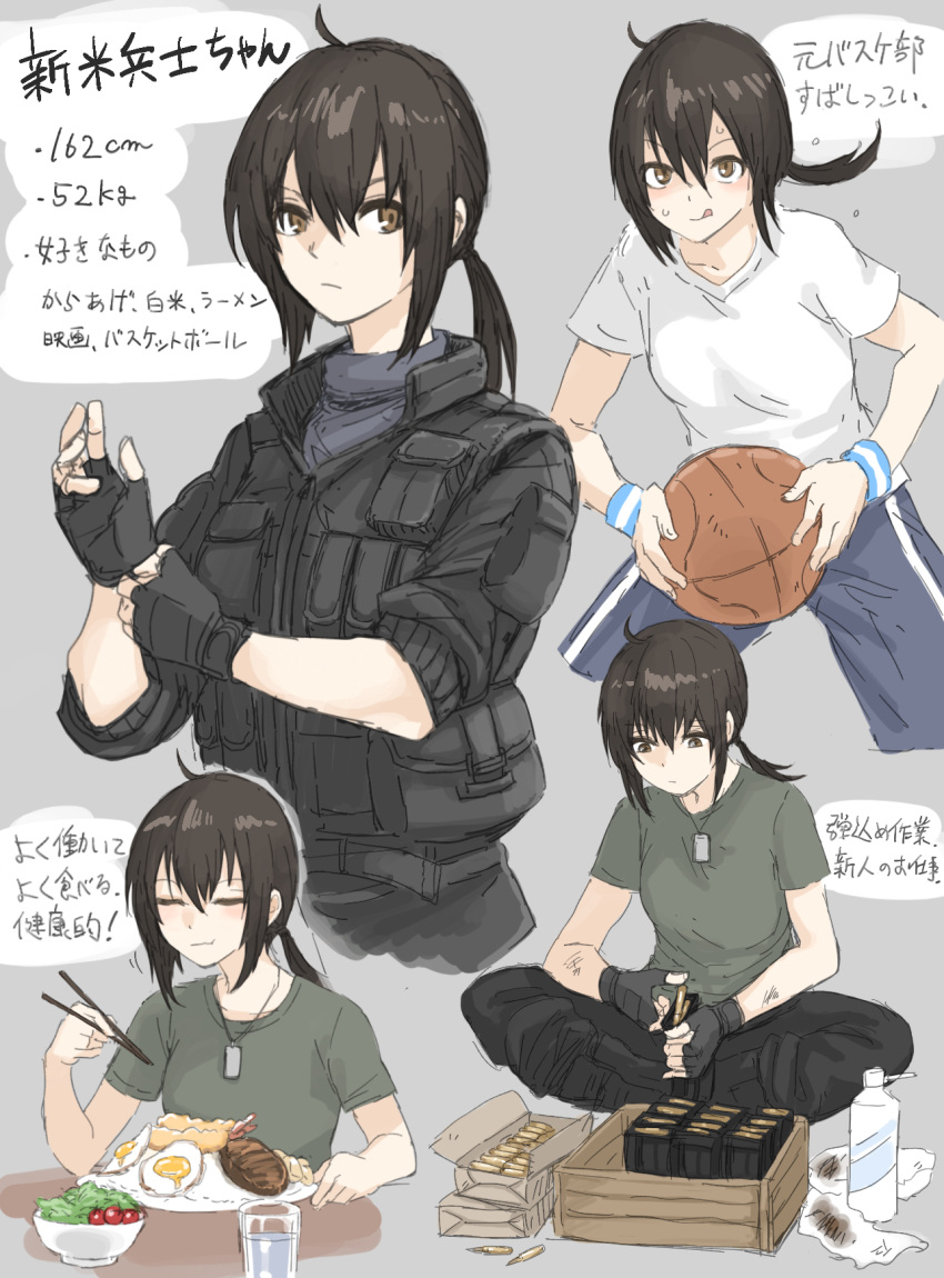 1girl ball basketball basketball_(object) breasts brown_eyes brown_hair bullet character_profile cherry_tomato chewing chopsticks clothing_request cup dog_tags drinking_glass eating egg fingerless_gloves food fried_egg fuku_(fuku12290574) gloves green_shirt grey_background hamburger_steak height highres holding holding_chopsticks long_bangs looking_to_the_side magazine_(weapon) military multiple_views original ponytail rag reloading salad salad_bowl shirt shrimp shrimp_tempura sleeves_rolled_up small_breasts solo striped_sweatband sweat sweatband t-shirt tempura tomato translation_request water weight white_shirt
