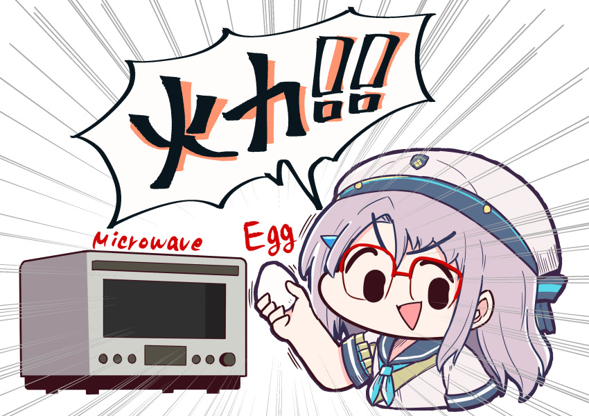 1girl aka_(akaino) aqua_neckerchief beret blue_sailor_collar catchphrase commentary_request cropped_torso egg emphasis_lines glasses goddess_of_victory:_nikke grey_hair hair_between_eyes hand_up hat highres holding holding_egg long_hair looking_at_viewer microwave neckerchief neon_(nikke) open_mouth over-rim_eyewear sailor_collar sailor_shirt semi-rimless_eyewear shirt short_sleeves simple_background smile solo speech_bubble translation_request triangle_mouth white_background white_headwear white_shirt