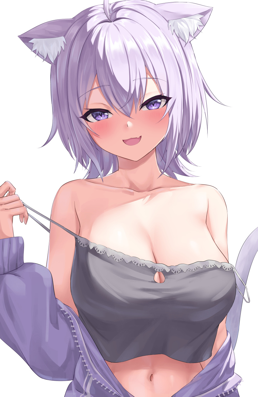 1girl absurdres ahoge animal_ear_fluff animal_ears black_camisole blush breasts camisole cat_ears cat_girl cat_tail cleavage cleavage_cutout clothing_cutout highres hololive jacket large_breasts leeshin0919 looking_at_viewer medium_hair nekomata_okayu nekomata_okayu_(membership) official_alternate_costume open_clothes open_jacket open_mouth purple_eyes purple_hair purple_jacket smile tail virtual_youtuber white_background