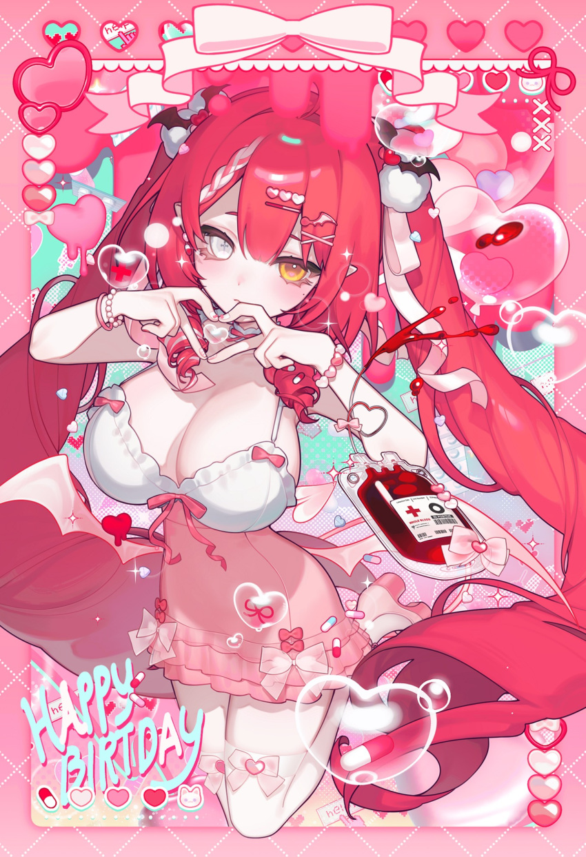 blood blood_bag bow bowtie breasts bubble cleavage hair_ornament happy_birthday heart heart_bubbles heart_hair_ornament heart_hands highres lilianei long_hair looking_at_viewer monochrome nyphielia pill pink_bow pink_bowtie red_hair ribbon thighhighs twintails valeria_lili virtual_youtuber white_ribbon white_thighhighs