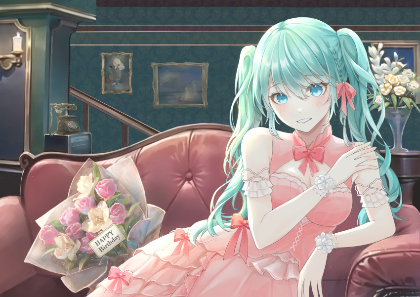 1girl absurdres antique_phone aqua_eyes aqua_hair armband bare_shoulders blush bouquet bow bowtie braid breasts candelabra candle candlestand cleavage couch dress flower frilled_dress frills grin hair_between_eyes hair_ornament hair_ribbon happy_birthday hatsune_miku highres indoors long_dress long_hair looking_at_viewer medium_breasts on_couch parted_lips picture_frame pink_bow pink_bowtie pink_corset pink_dress pink_flower pink_rose plant ribbon rose sidelocks sitting smile solo twintails vase vocaloid white_flower wristband zhi_nian