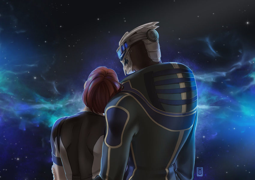 2023 alien arm_around_back bodypaint clothed clothing commander_shepard duo face_paint female female_shepard garrus_vakarian hair hi_res human interspecies male male/female mammal mass_effect muzza nebula rear_view romantic romantic_couple scouter shirt space topwear turian waist_up