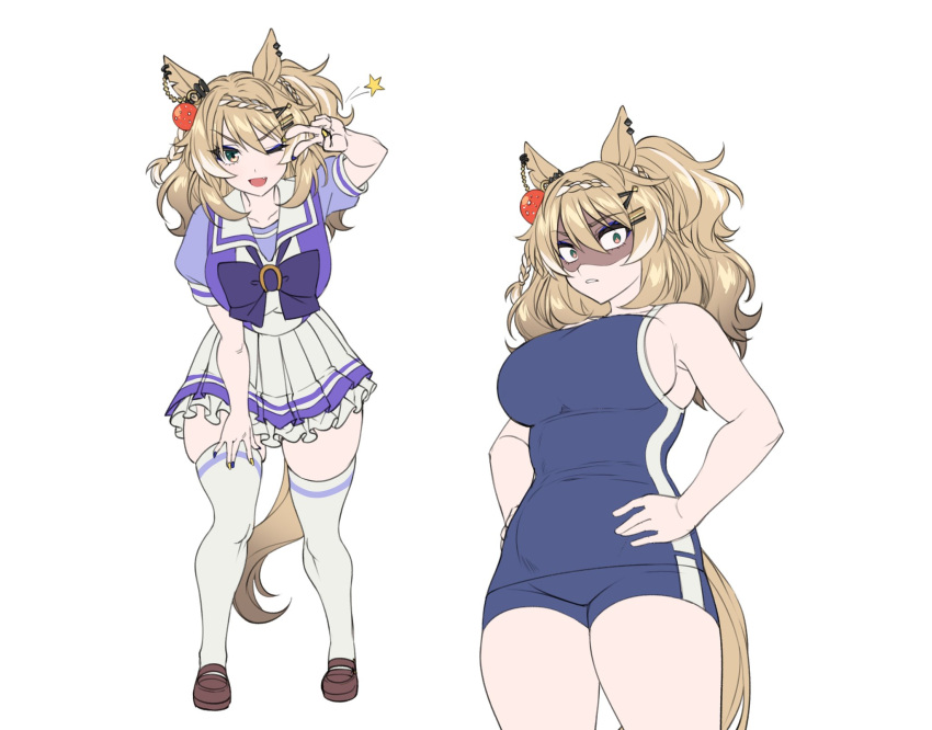 1girl animal_ears blonde_hair bow bowtie braid breasts collarbone commentary competition_school_swimsuit ear_piercing earrings frilled_skirt frills fukuro_(maruaru00) genderswap genderswap_(mtf) glaring green_eyes gyaru gyaru_v hair_between_eyes hand_on_own_thigh hands_on_own_hips highres horse_ears horse_girl horse_tail jewelry looking_at_viewer medium_hair multicolored_hair one_eye_closed one_side_up original personification piercing pink_eyes pleated_skirt puffy_short_sleeves puffy_sleeves purple_bow purple_bowtie purple_shirt sailor_collar sailor_shirt school_swimsuit shaded_face shirt short_sleeves sideboob simple_background single_earring skirt soccer_boy_(racehorse) summer_uniform swimsuit tachi-e tail thick_thighs thighhighs thighs tracen_training_uniform two-tone_eyes two-tone_hair umamusume v wavy_hair white_background white_hair white_sailor_collar white_skirt white_thighhighs yellow_eyes