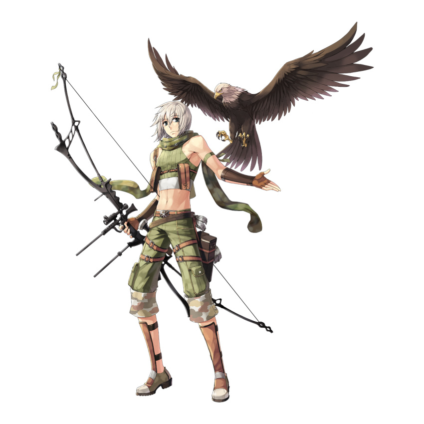 1boy arrow_(projectile) belt bird boots bow_(weapon) brown_belt brown_footwear brown_gloves camouflage camouflage_scarf camouflage_shorts closed_mouth compound_bow crop_top falcon fingerless_gloves full_body gloves green_scarf green_shirt green_shorts grey_eyes grey_hair hair_between_eyes highres holding holding_bow_(weapon) holding_weapon leona_(pixiv) long_bangs male_focus midriff navel official_art pouch ragnarok_online ranger_(ragnarok_online) scarf shirt short_hair shorts simple_background sleeveless sleeveless_shirt smile solo standing tachi-e transparent_background weapon