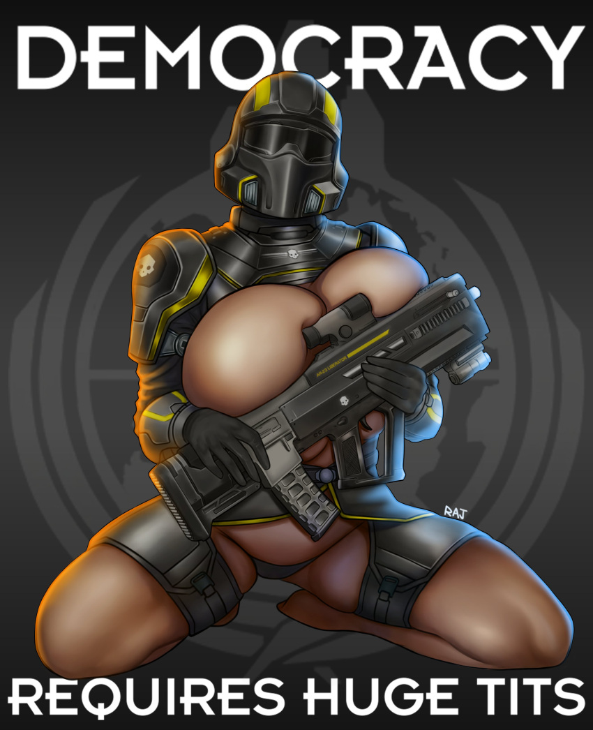 1girl absurdres adapted_costume armor barefoot battle_rifle black_gloves black_panties breast_press breastless_clothes breasts bullpup censored commentary covered_face english_commentary english_text full_body gloves gun helldiver_(helldivers) helldivers_(series) helmet highres holding holding_gun holding_weapon huge_breasts kneeling looking_at_viewer novelty_censor panties pauldrons propaganda rajang_(rajillust) rifle scope shoulder_armor shrug_(clothing) solo thick_thighs thighs unaligned_breasts underwear weapon