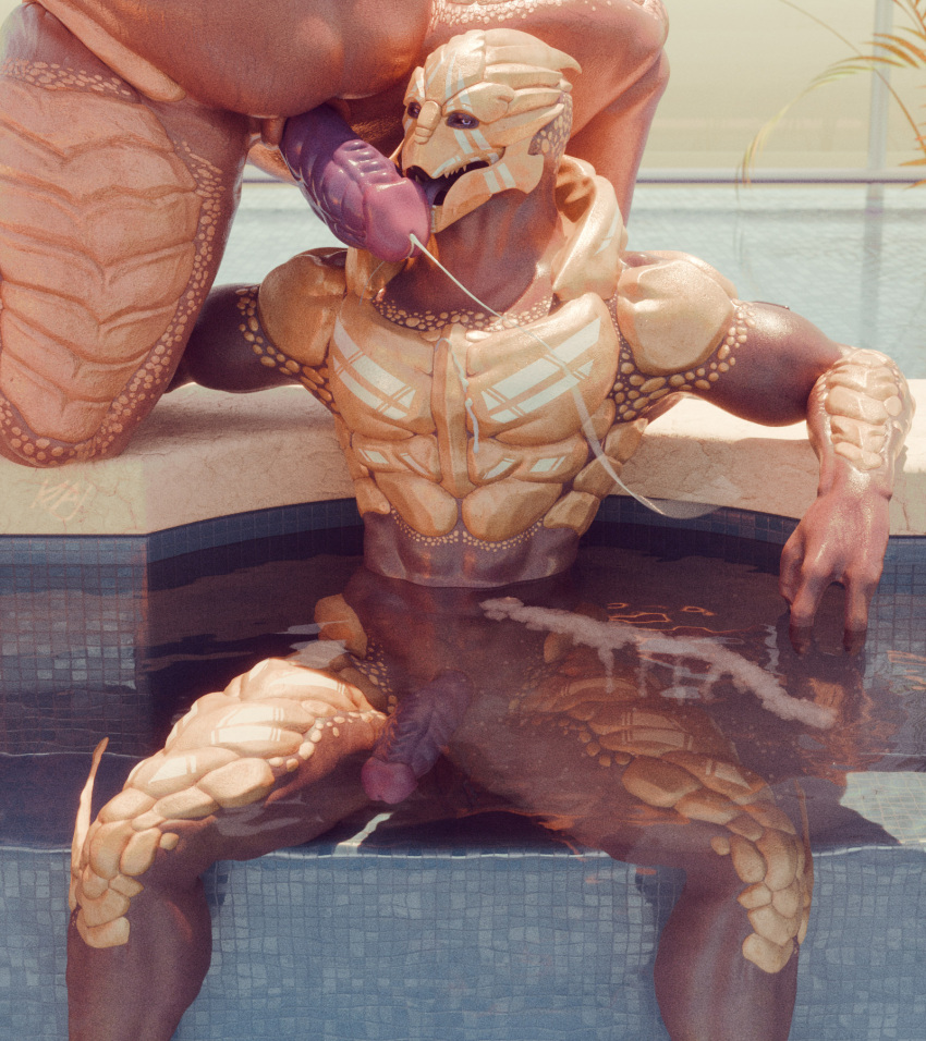 3_fingers 3d_(artwork) abs alien animal_genitalia biceps bioware bodily_fluids bodypaint cum cum_drip cum_in_water cum_on_chest cum_on_penis cumshot digital_media_(artwork) dripping duo ejaculation electronic_arts erection face_paint fingers genital_fluids genital_slit genitals glistening glistening_genitalia glistening_penis hi_res humanoid in_pool kagekave kneeling licking looking_at_viewer male mass_effect muscular muscular_male nude open_mouth oral orgasm overweight overweight_male palm_frond pecs penile penis penis_lick pool presenting_slit sex sitting sollas solo_focus spread_legs spread_slit spreading teeth tongue tongue_out turian urethra verros water wet