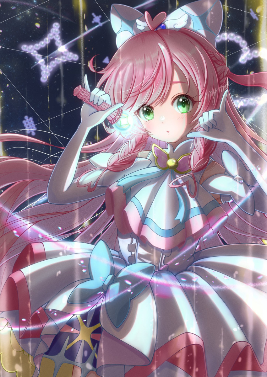 1girl \n/ artist_name ascot bow braid brooch commentary cowboy_shot cure_prism double_\n/ dress dress_bow elbow_gloves french_braid gloves green_eyes hair_bow highres hirogaru_sky!_precure holding jewelry layered_dress long_hair looking_at_viewer magical_girl medium_dress mymo0527 nijigaoka_mashiro parted_lips pink_hair precure side_braids signature sky_tone sleeveless sleeveless_dress solo standing very_long_hair white_ascot white_bow white_dress white_gloves wing_brooch