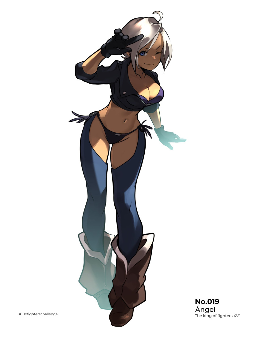 1girl angel_(kof) backless_pants blue_eyes boots bra breasts chaps cleavage cowboy_boots crop_top cropped_jacket deyouron gloves hair_over_one_eye highres index_fingers_raised jacket large_breasts leather leather_jacket looking_at_viewer midriff navel panties pants short_hair smile snk solo strapless strapless_bra the_king_of_fighters the_king_of_fighters_xiv toned underwear white_hair