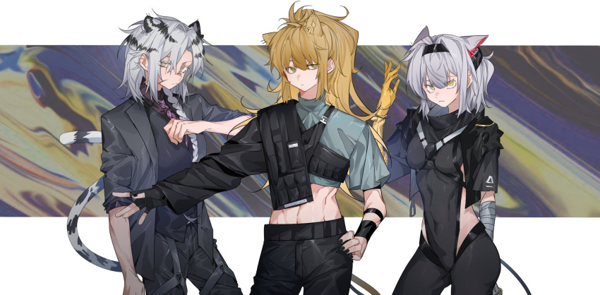 3girls abs animal_ears arknights black_gloves black_hair black_jacket black_nails black_pants black_vest blonde_hair braid bright_pupils brown_eyes closed_mouth collared_shirt commentary_request cowboy_shot crop_top fingerless_gloves gloves grey_hair grey_shirt hand_on_own_hip hand_up highres indra_(arknights) indra_(valiant_general)_(arknights) jacket leopard_ears leopard_tail lion_ears lion_girl lion_tail long_hair looking_at_viewer midriff molu_stranger multicolored_hair multiple_girls necktie pants ponytail purple_necktie purple_shirt scar scar_on_face scar_on_nose scavenger_(arknights) scavenger_(survive)_(arknights) shirt siege_(arknights) siege_(city_destroyer)_(arknights) single_braid single_sleeve sleeves_rolled_up streaked_hair tail thigh_strap vest white_background white_pupils wristband yellow_eyes
