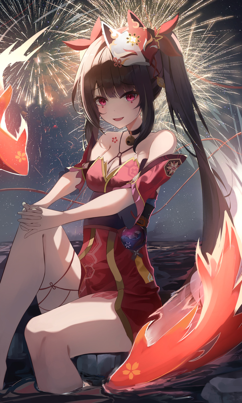 1girl absurdres amelcia_(pyj5341t) bare_shoulders black_hair commentary detached_sleeves dress fireworks fox_mask highres honkai:_star_rail honkai_(series) knee_up koi long_hair looking_at_viewer mask mask_on_head mole mole_under_each_eye mole_under_eye multiple_moles night night_sky open_mouth red_dress red_sleeves sitting sky sleeveless sleeveless_dress smile solo sparkle_(honkai:_star_rail) twintails