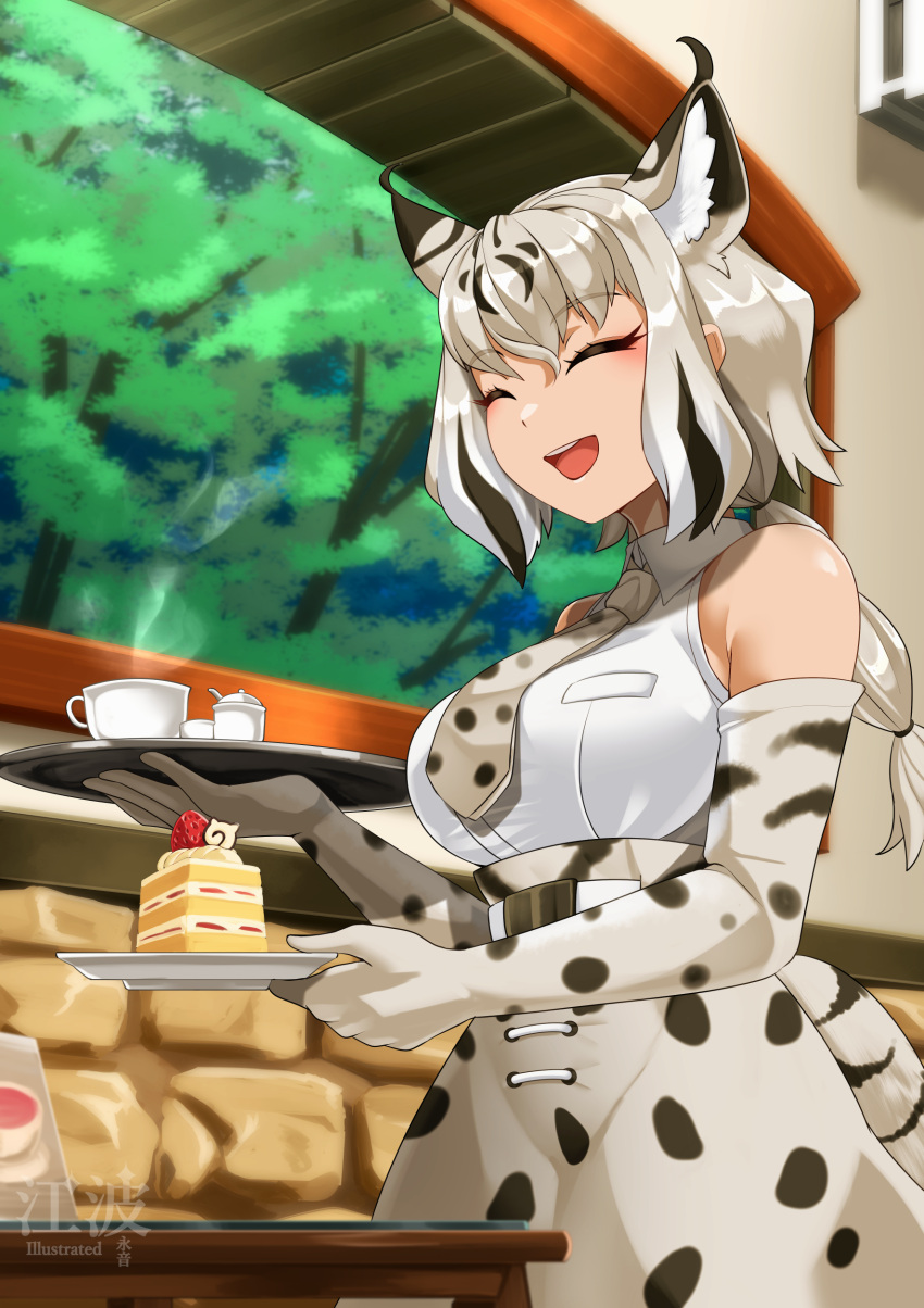 1girl absurdres animal_ears animal_print bare_shoulders black_hair blonde_hair blush bobcat_(kemono_friends) cake cake_slice cat_ears cat_girl cat_print closed_eyes collared_shirt cup elbow_gloves extra_ears food gloves grey_hair hair_between_eyes high-waist_skirt highres japari_symbol kawanami_eito kemono_friends multicolored_hair necktie open_mouth ponytail print_gloves print_necktie print_skirt shirt short_hair sidelocks skirt sleeveless smile solo teacup tray white_shirt