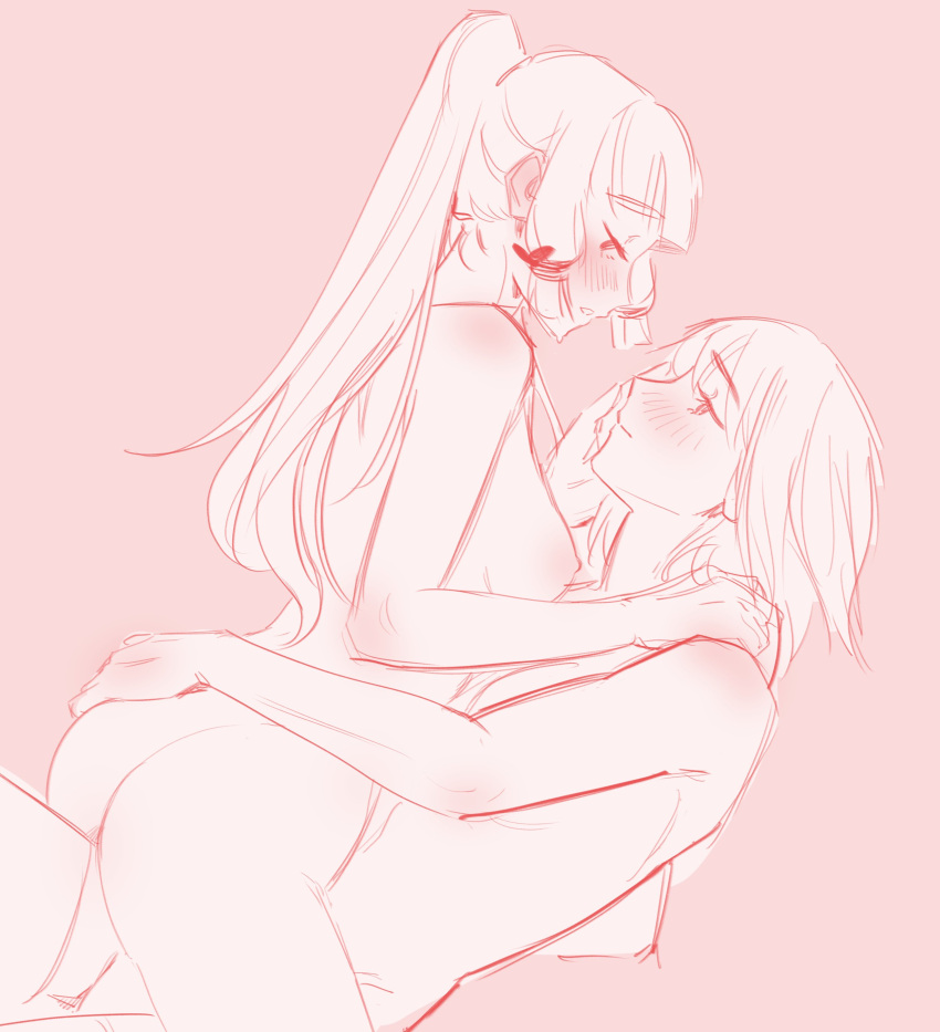 286456006 2girls absurdres ass blush breasts completely_nude eye_contact from_side genshin_impact highres hug kamisato_ayaka long_hair looking_at_another medium_breasts monochrome multiple_girls nipples nude parted_lips pink_background pink_theme ponytail simple_background sketch straddling yuri