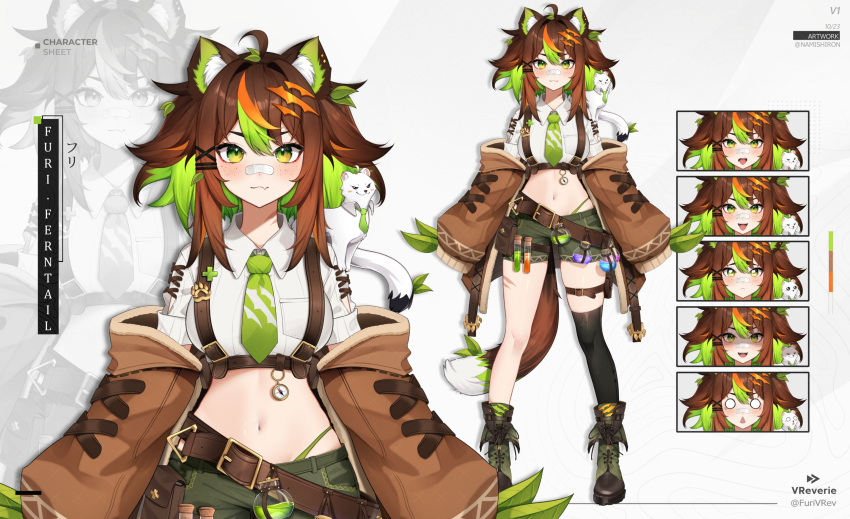 1girl :3 :p ahoge animal_ear_fluff animal_ears asymmetrical_footwear asymmetrical_legwear bandaid bandaid_on_face bandaid_on_nose belt black_footwear blush boots brown_belt brown_hair brown_jacket character_name closed_mouth collared_shirt colored_inner_hair commentary compass crop_top cross-laced_clothes cross-laced_top english_commentary fang frown full_body furi_ferntail gradient_eyes green_eyes green_hair green_necktie green_panties green_shorts hair_ornament highleg highleg_panties highres jacket leaf logo looking_at_viewer multicolored_eyes multicolored_hair namishiron navel necktie o_o official_art open_clothes open_jacket open_mouth orange_hair panties pin potion reference_sheet scratches shadow shirt short_shorts shorts sleeves_past_fingers sleeves_past_wrists standing stomach streaked_hair test_tube tongue tongue_out twitter_username underwear virtual_youtuber vreverie white_shirt