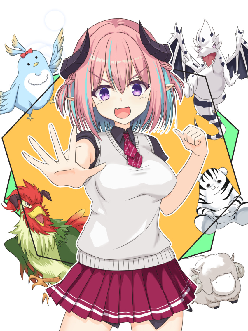 1girl :d bird black_shirt blue_bird blue_hair braid breasts clenched_hand collared_shirt commentary_request cowboy_shot demon_girl demon_horns eyelashes fang french_braid hair_between_eyes hajimeru_sekai_no_risouron hand_up hellmilia_van_noxrose highres horns looking_at_viewer medium_breasts miniskirt multicolored_hair necktie open_mouth orange_background outstretched_arm pink_hair pleated_skirt pointy_ears purple_eyes red_necktie red_skirt school_uniform sheep shirayamakoma shirt short_necktie short_sleeves simple_background skin_fang skirt smile smug solo streaked_hair sweater_vest thumbs_up tsurime two-tone_background two_side_up v-shaped_eyebrows white_background white_sweater_vest