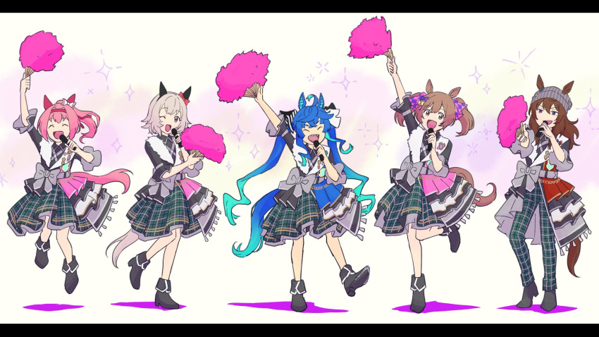 5girls :d ^_^ ahoge animal_ears aqua_hair arm_up beanie black_footwear black_jacket blue_hair boots bow brown_hair checkered_bow checkered_clothes closed_eyes commentary_request crossed_bangs curren_chan_(umamusume) ear_bow ear_covers ears_through_headwear frilled_sleeves frills green_skirt grey_bow hair_bow hairband hand_fan hand_up haru_urara_(umamusume) hat heel_up highres holding holding_microphone horse_ears horse_girl horse_tail jacket leg_up letterboxed long_hair looking_at_viewer microphone multicolored_hair multiple_girls nakayama_festa_(umamusume) official_alternate_costume one_eye_closed open_mouth orange_eyes outstretched_arm pants pink_bow plaid plaid_pants plaid_skirt purple_bow purple_eyes sawa2neko sharp_teeth sidelocks skirt smart_falcon_(umamusume) smile sparkle splendor_of_onyx_(umamusume) standing standing_on_one_leg striped_bow tail teeth twin_turbo_(umamusume) twintails two-tone_hair umamusume very_long_hair white_background