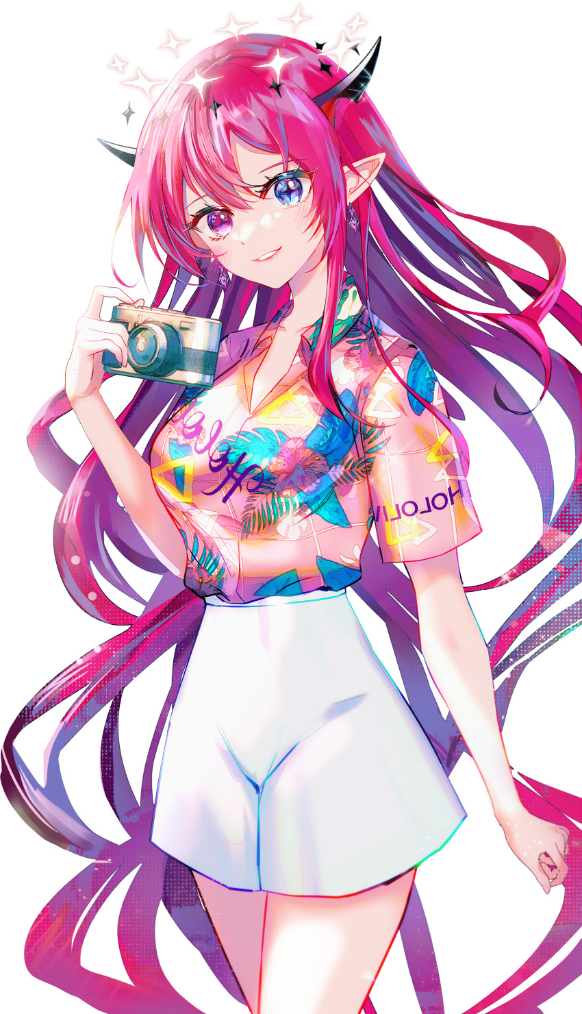 1girl absurdres arm_at_side blue_eyes camera collared_shirt commentary cross-shaped_pupils earrings floral_print floral_print_shirt halo hawaiian_shirt head_tilt heterochromia highres hololive hololive_english horns irys_(hololive) jewelry long_hair looking_at_viewer multicolored_hair official_alternate_costume parted_lips pink_eyes pink_hair pink_shirt pointy_ears print_shirt purple_hair red_hair shirt short_sleeves shorts simple_background smile solo sowon symbol-only_commentary symbol-shaped_pupils transparent_background very_long_hair virtual_youtuber white_shorts