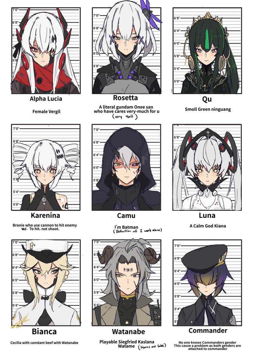 1other 2boys 6+girls ahoge alpha_(punishing:_gray_raven) barcode barcode_tattoo beret bianca:_zero_(punishing:_gray_raven) bianca_(punishing:_gray_raven) black_bodysuit black_bow black_coat black_dress black_hair black_horns black_jacket blonde_hair bodysuit bow camu_(punishing:_gray_raven) celinepizza character_name coat colored_sclera cross-shaped_pupils demon_horns dress drill_hair earrings english_commentary english_text floating_hair_ornament forehead_tattoo fur_collar fur_hat gradient_hair green_eyes green_hair grey_hair grey_jacket hair_between_eyes hair_intakes hair_ornament hair_over_eyes hair_over_one_eye hat headgear headphones heterochromia highres hood hooded_coat horns jacket jewelry long_hair looking_at_another looking_to_the_side lucia:_crimson_abyss_(punishing:_gray_raven) mechanical_arms mechanical_parts medium_hair military_hat military_uniform mismatched_sclera multicolored_hair multiple_boys multiple_girls orange_eyes papakha punishing:_gray_raven purple_eyes purple_hair qu_(punishing:_gray_raven) red_eyes red_scarf rosetta_(punishing:_gray_raven) scar scar_on_cheek scar_on_face scarf side_ponytail sidelocks single_horn single_mechanical_arm sleeveless sleeveless_dress symbol-shaped_pupils tattoo twin_drills twintails two-tone_hair uniform very_long_hair watanabe:_nightblade_(punishing:_gray_raven) watanabe_(punishing:_gray_raven) white_bodysuit white_hair white_jacket x_hair_ornament yellow_eyes