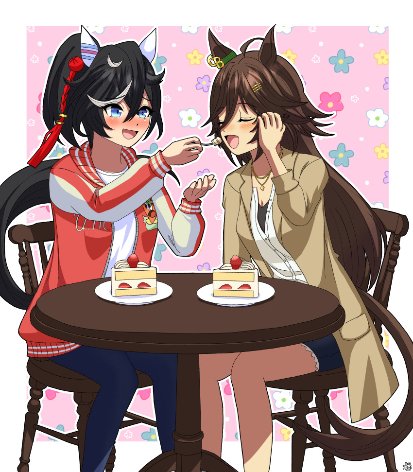 2girls absurdres ahoge animal_ears artist_logo black_hair blue_eyes blush border brown_hair brown_jacket cake closed_eyes color_neko_(user_yfvc3323) commentary_request denim denim_shorts ear_covers ear_ornament feeding feet_out_of_frame floral_print food fork fruit hair_between_eyes hair_ornament highres holding holding_fork horse_ears horse_girl horse_tail jacket jeans jewelry katsuragi_ace_(umamusume) long_hair long_sleeves medium_hair mr._c.b._(umamusume) multicolored_hair multiple_girls necklace official_alternate_costume open_clothes open_jacket open_mouth pants plate ponytail shirt shorts sitting smile strawberry streaked_hair table tail tassel tassel_hair_ornament umamusume white_border white_hair white_shirt