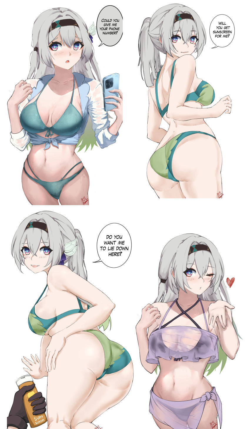 1girl absurdres alternate_costume aqua_bikini arm_support ass bare_arms bare_shoulders bikini bikini_under_clothes black_hairband blush breasts breasts_apart cellphone commentary cowboy_shot crop_top english_text firefly_(honkai:_star_rail) green_bikini grey_hair grin hairband hands_up heart highres holding holding_phone honkai:_star_rail honkai_(series) kagurachi large_breasts long_hair looking_at_viewer lotion medium_breasts multiple_views navel one_eye_closed phone ponytail purple_eyes sarong see-through shirt sidelocks simple_background smartphone smile spaghetti_strap speech_bubble standing stomach sunscreen swimsuit thighs tied_shirt very_long_hair white_background white_shirt