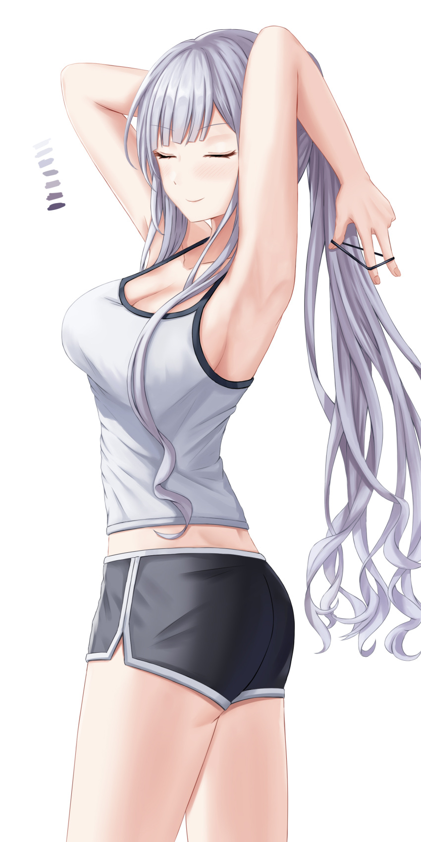 1girl absurdres ak-12_(girls_frontline) armpits arms_up ass bangs bare_shoulders black_shorts blush breasts cleavage closed_eyes closed_mouth collarbone cowboy_shot daisy_cutter eyebrows_visible_through_hair facing_viewer from_side girls_frontline grey_shirt hair_tie highres large_breasts long_hair md5_mismatch ponytail shirt short_shorts shorts silver_hair simple_background smile solo tank_top thighs tying_hair white_background