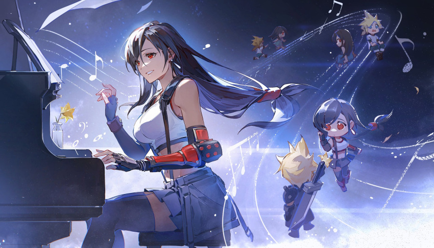 age_progression breasts chibi cloud_strife crop_top crow0cc final_fantasy final_fantasy_vii final_fantasy_vii_rebirth final_fantasy_vii_remake fingerless_gloves flower gloves highres instrument large_breasts long_hair low-tied_long_hair miniskirt multiple_persona music musical_note parted_lips piano playing_instrument playing_piano red_eyes single_arm_guard sitting skirt smile suspenders thighhighs tifa_lockhart