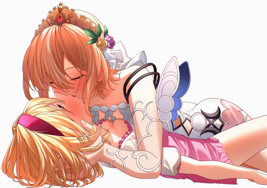 2girls absurdres asymmetrical_docking blonde_hair breast_press breasts cleavage closed_eyes clothing_cutout commentary djeeta_(granblue_fantasy) dress europa_(granblue_fantasy) flower frilled_dress frills girl_on_top granblue_fantasy hair_flower hair_ornament hairband head_grab highres kiss lips lying medium_breasts multiple_girls on_back pink_dress pink_hairband purple_flower purple_rose rose short_dress short_hair side_cutout sidelocks simple_background soruna_(nell) symbol-only_commentary tiara white_background white_dress yellow_flower yellow_rose yuri