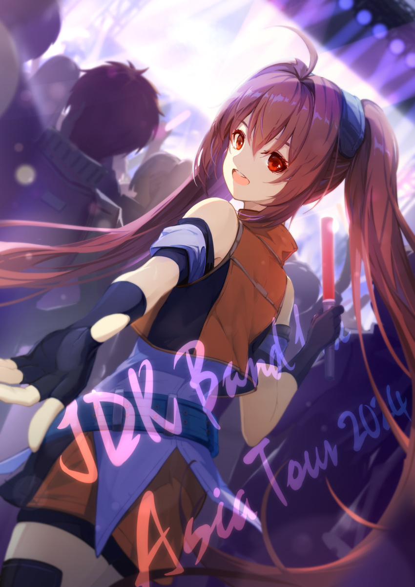 1girl absurdres ahoge antenna_hair ao_no_kiseki bike_shorts black_gloves brown_hair concert cropped_jacket double-parted_bangs eiyuu_densetsu english_text estelle_bright falcom fingerless_gloves floating_clothes floating_hair gloves hair_between_eyes hajimari_no_kiseki highres holding_lightstick lancefate lightstick long_hair open_hand open_mouth red_eyes sen_no_kiseki smile solo_focus sora_no_kiseki spotlight stage twintails zero_no_kiseki