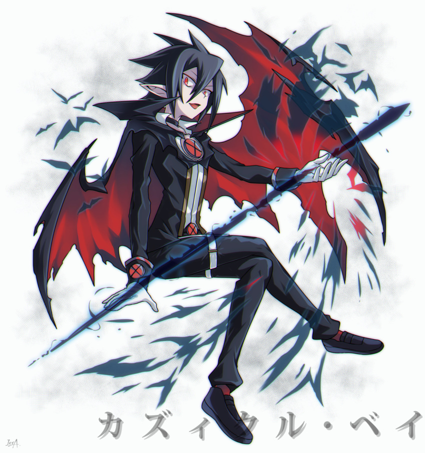 1boy cape crossed_legs disgaea gloves hair_between_eyes highres issa_(sorako45) makai_senki_disgaea_4 male_focus pants pointy_ears red_eyes shoes solo valvatorez_(disgaea) vampire white_gloves