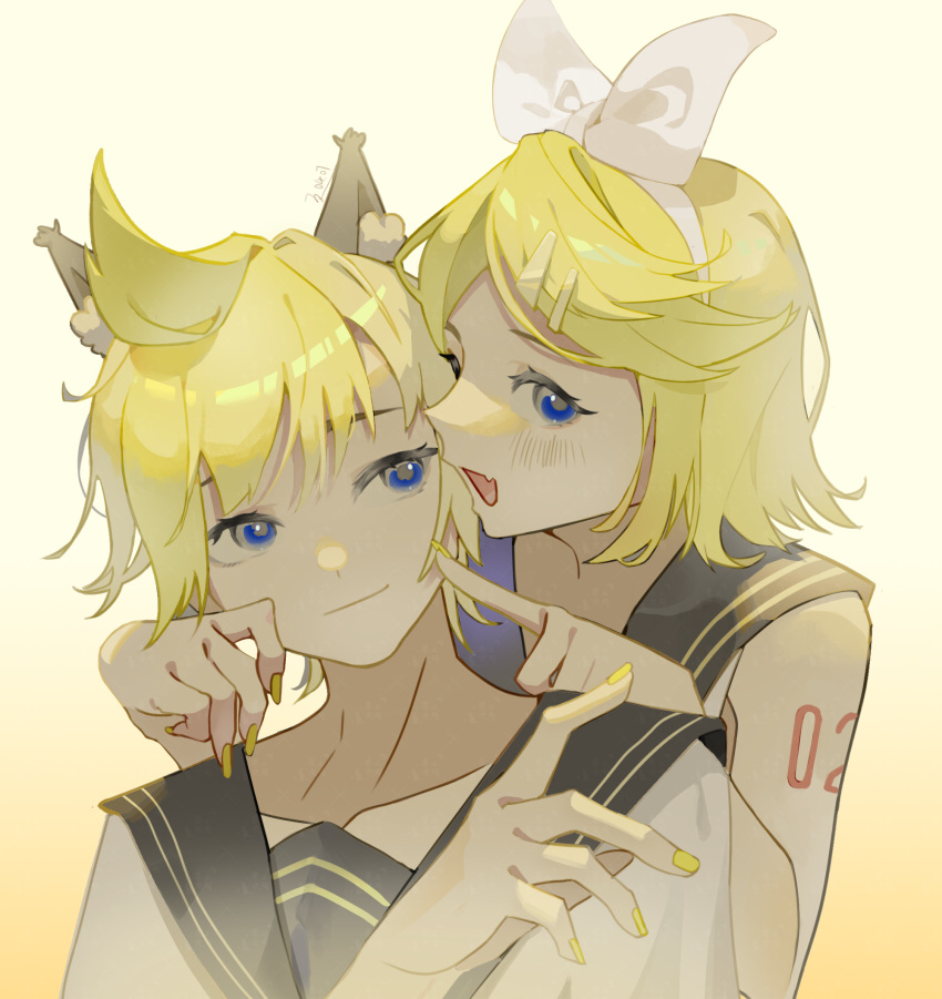 1boy 1girl black_sailor_collar blonde_hair blue_eyes blush bow cheek_poking commentary eyelashes fang gradient_background hair_bow highres kagamine_len kagamine_rin light_smile looking_at_another looking_at_viewer multiple_hairpins nail_polish open_mouth poking qiheye sailor_collar short_hair shoulder_tattoo tattoo upper_body vocaloid white_background yellow_background yellow_nails