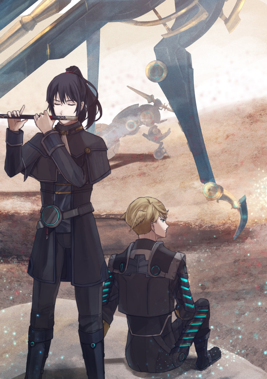 2boys black_coat black_footwear black_hair black_pants blonde_hair boots closed_eyes coat ferronis_(xenoblade) flute green_eyes head_wings high_ponytail highres holding holding_flute holding_instrument instrument looking_ahead male_focus multiple_boys noah_(xenoblade) outdoors pants perorin_shaaaan playing_flute short_hair sitting standing wings xenoblade_chronicles_(series) xenoblade_chronicles_3 zeon_(xenoblade)