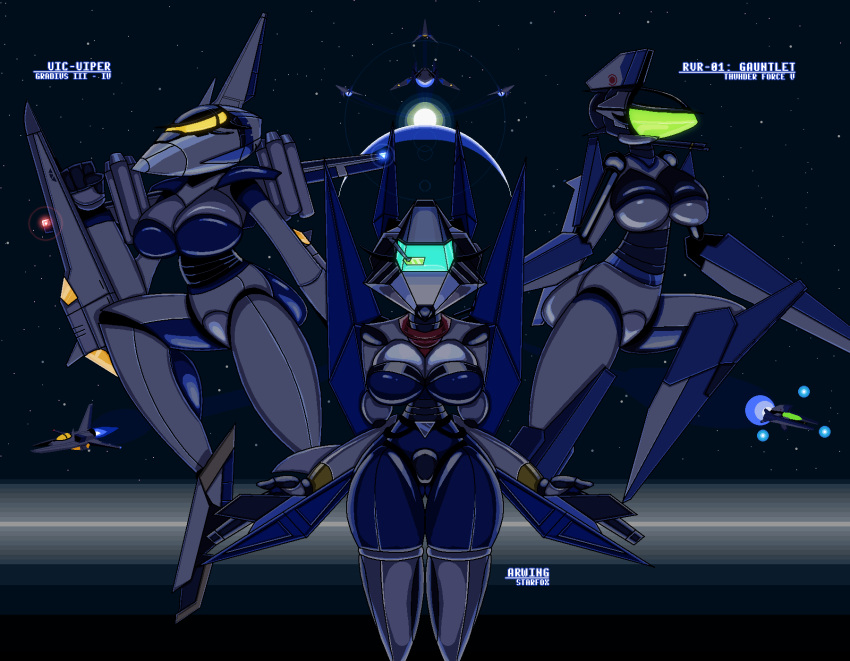 aircraft arwing blaster_arm breasts cosmic_background digital_media_(artwork) female fin glistening glistening_body glowing glowing_eyes gradius group gun hi_res humanoid joints lights lines_on_body living_aircraft living_machine living_vehicle machine mccloud_industries_(artist) missle nintendo one_piece_top pixel_(artwork) planet raised_leg ranged_weapon robot robot_humanoid rvr_01_gauntlet space space_background spacecraft star star_fox thunder_force_5 trio vehicle vic_viper weapon