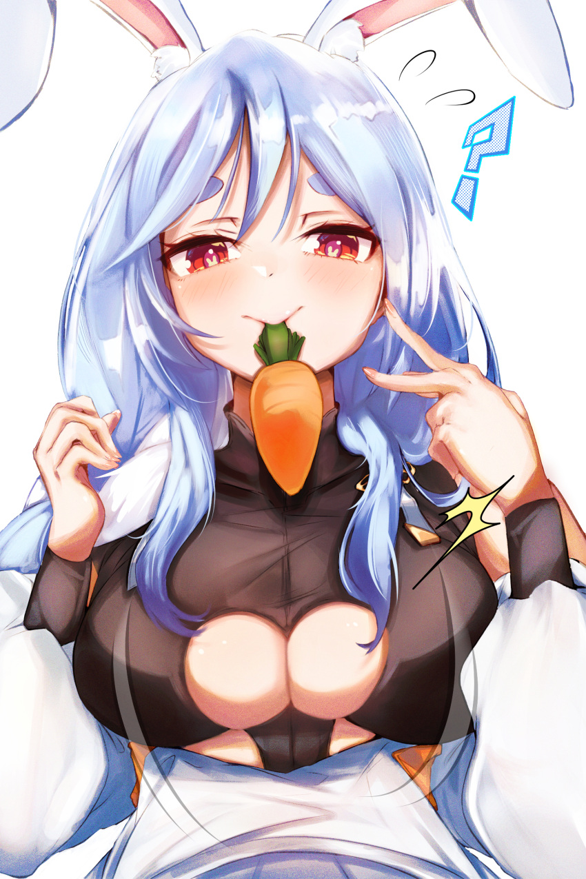 1girl ? absurdres animal_ear_fluff animal_ears black_bodysuit blush bodysuit braid braided_ponytail breasts byxis carrot cleavage cleavage_cutout clothing_cutout detached_sleeves highres hololive large_breasts long_hair mature_female mouth_hold pekomama rabbit-shaped_pupils rabbit_ears rabbit_girl red_eyes short_eyebrows symbol-shaped_pupils virtual_youtuber white_background white_sleeves